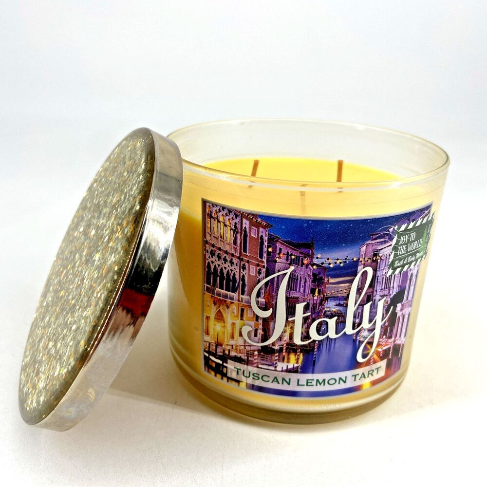 Bath Body Works TUSCAN LEMON TART ITALY DESTINATIONS 3 Wick Candle Glitter Lid